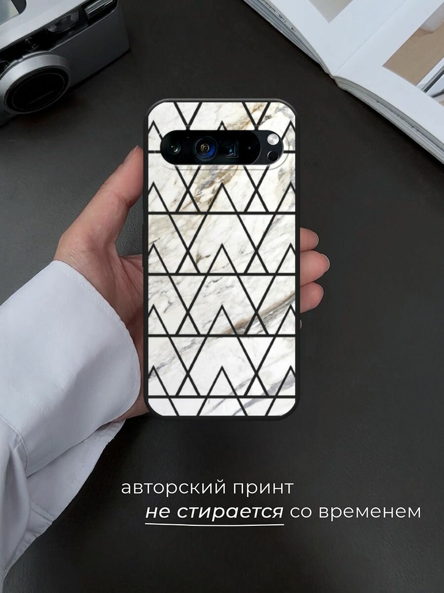 Черный матовый чехол на Google Pixel 9 Pro XL / Гугл Пиксель 9 Про XL с принтом "Белый мрамор с узорами треугольниками" — фото 1