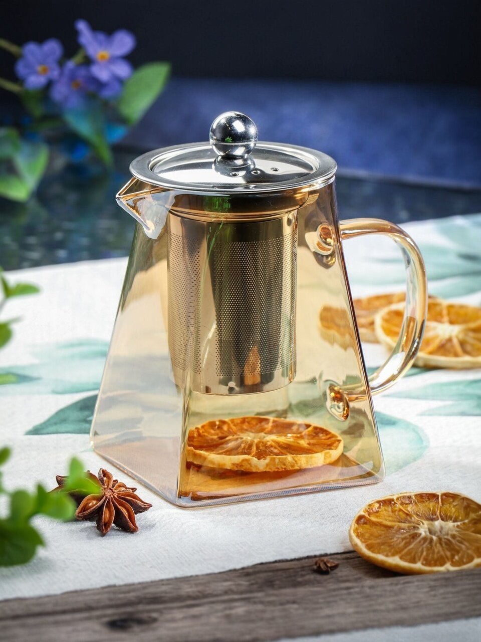 Чайник заварочный стеклянный Daniks 0.55 л с фильтром золотой