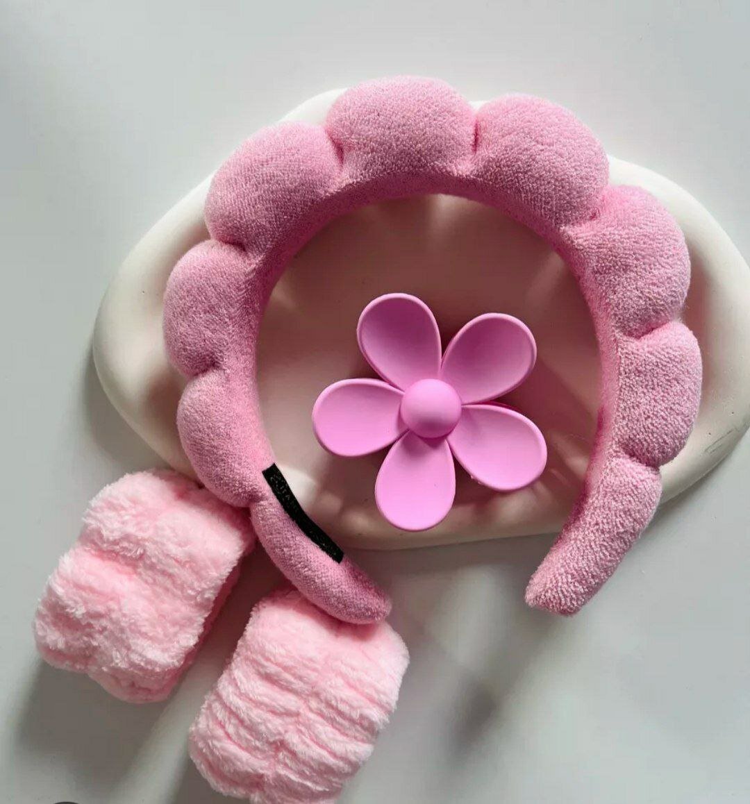 Ободок для умывания и макияжа с нарукавниками, набор 3 в 1, махровый, универсальный размер фиолетовый