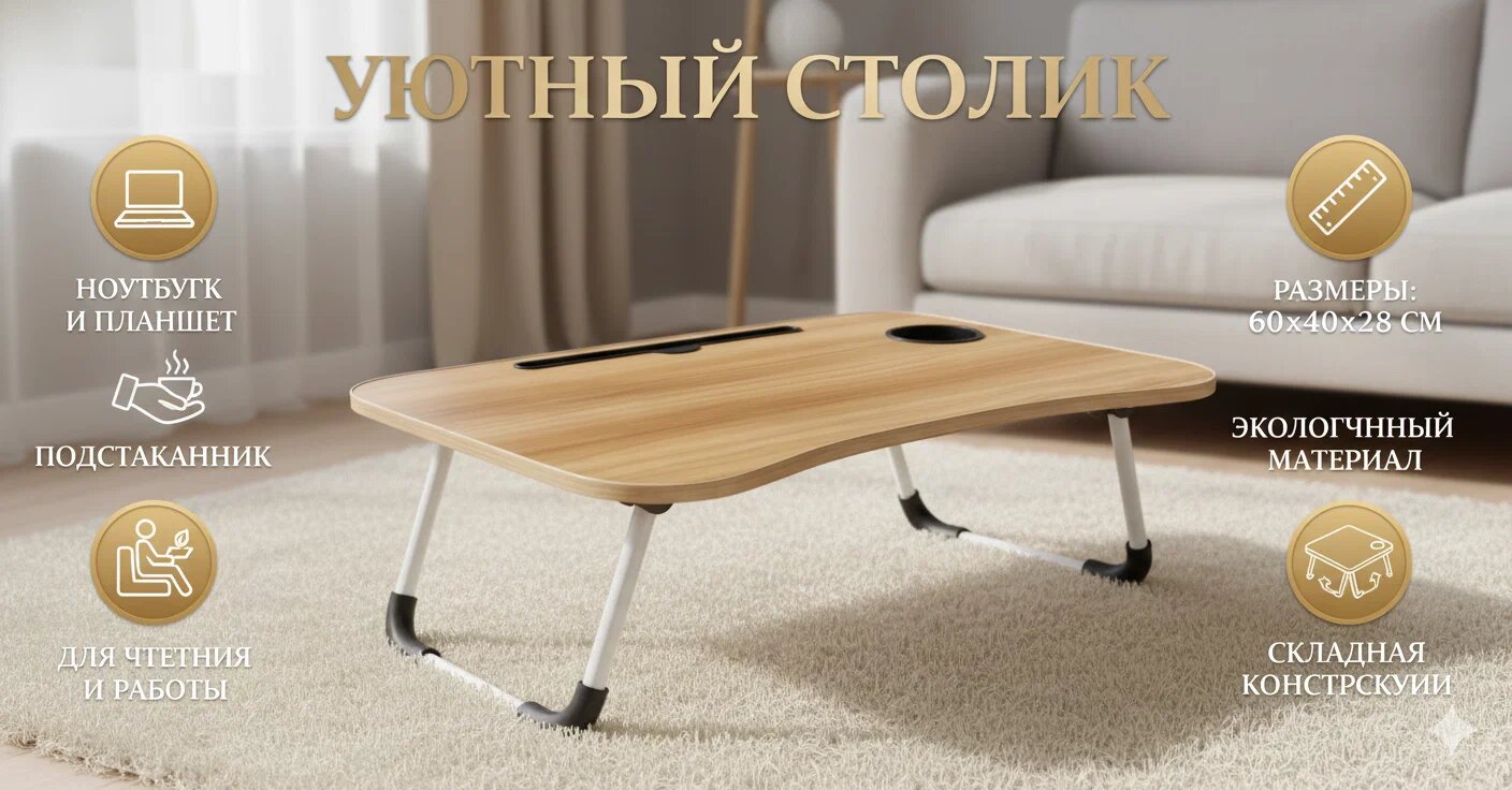 Мини-стол трансформер складной для ноутбука, завтрака, чтения, работы в кровати, 60×40×28 см