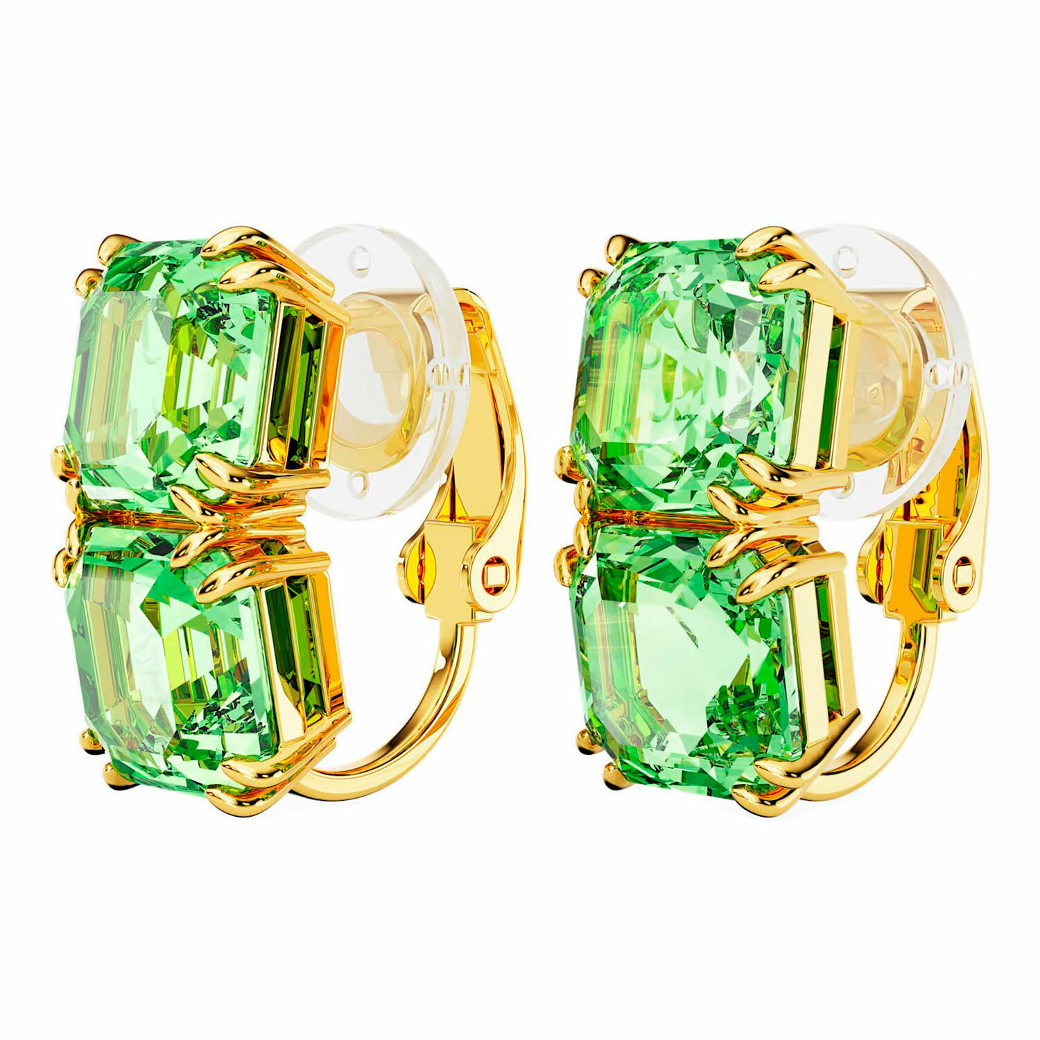 Серьги клипсы SWAROVSKI, искусственный камень, размер 17 мм, зеленый, золотой — фото 1