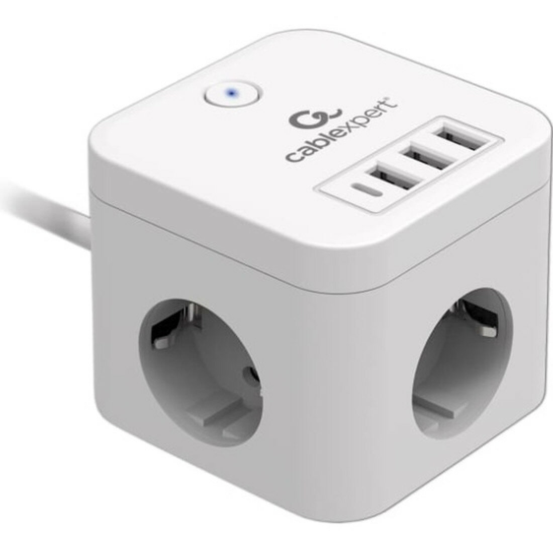Сетевой фильтр Cablexpert Cube 3 розетки 1xType-C 3xUSB 1.5м белый коробка