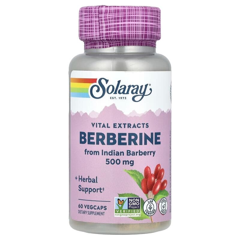 Пищевая добавка Solaray "Berberine", для поддержания здоровья для сахара, метаболизма , капсулы, 500 мг, 60 шт.