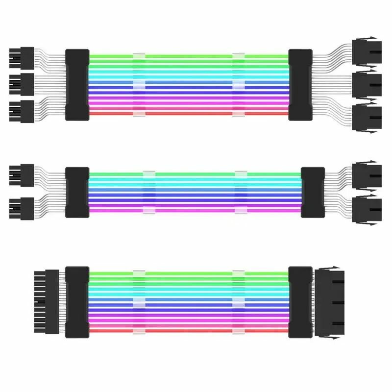 Комплект кабелей-удлинителей для блока питания компьютера 18AWG ARGB Sync, ATX 24PIN VGA, видеокарты PCI-E 8PIN RGB, цветные модульные кабели