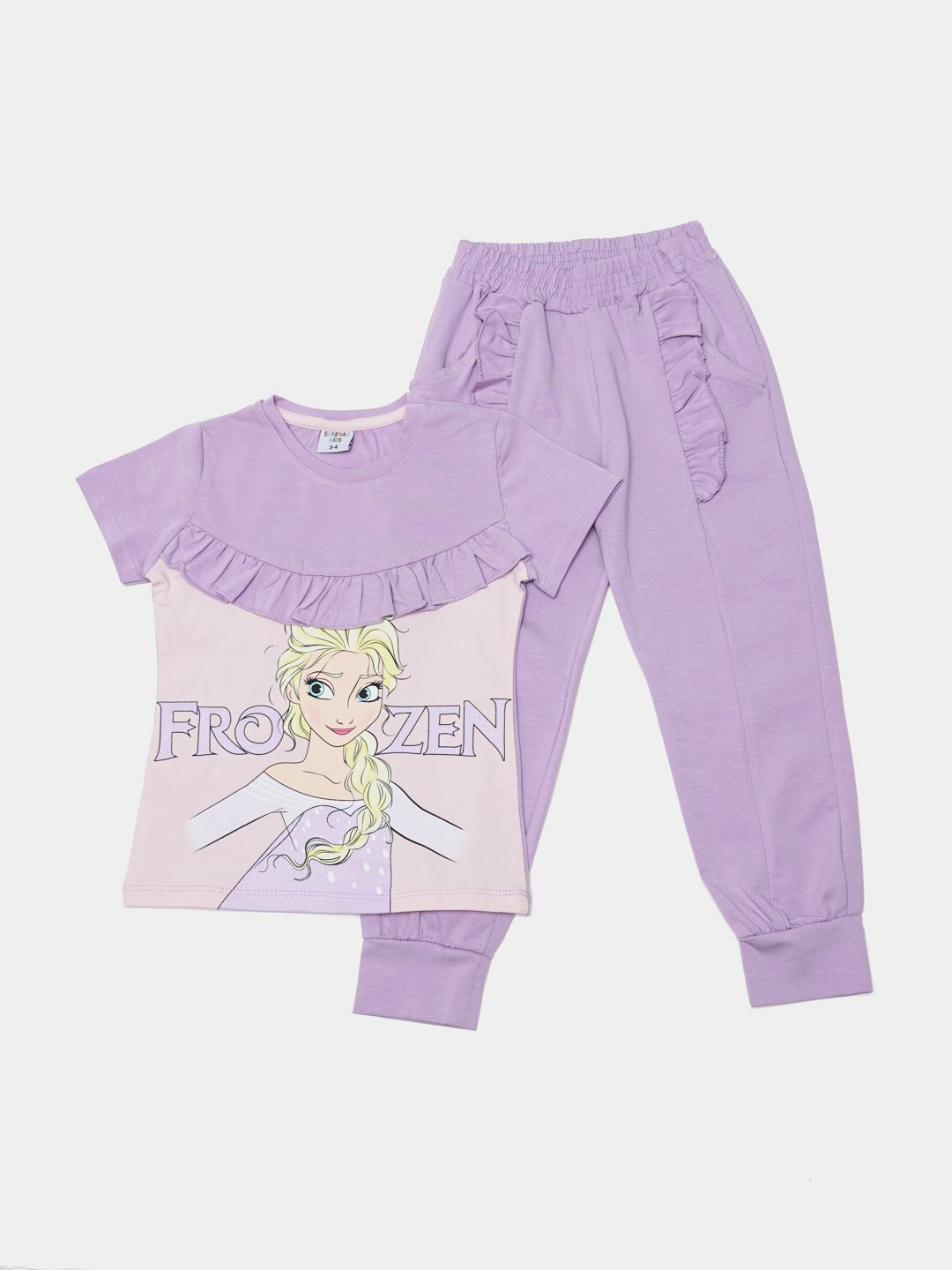 Костюм спортивный  Костюм Arbuz Kids "Frozen", для девочки, футболка и брюки из хлопка, цвет лавандовый, размер 104, фиолетовый — фото 1