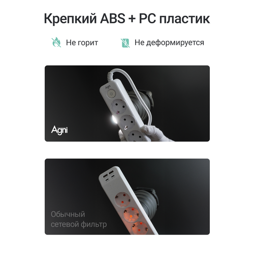 фото Сетевой фильтр, agni, 5 розеток + 2 usb и 1 type-c, с предохранителем, удлинитель сетевой 2м