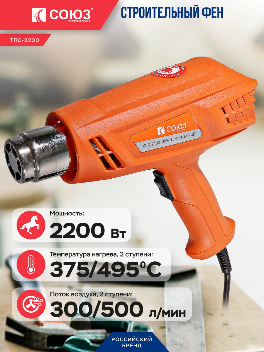 Фен технический Союз ТПС-2200 2200Вт, 2 ступени, 2 насадки МП