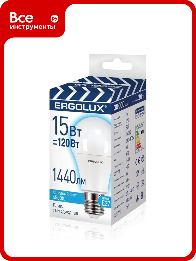 Электрическая светодиодная лампа Ergolux LED-A60-15W-E27-4K ЛОН 15Вт Е27 4500К 13638