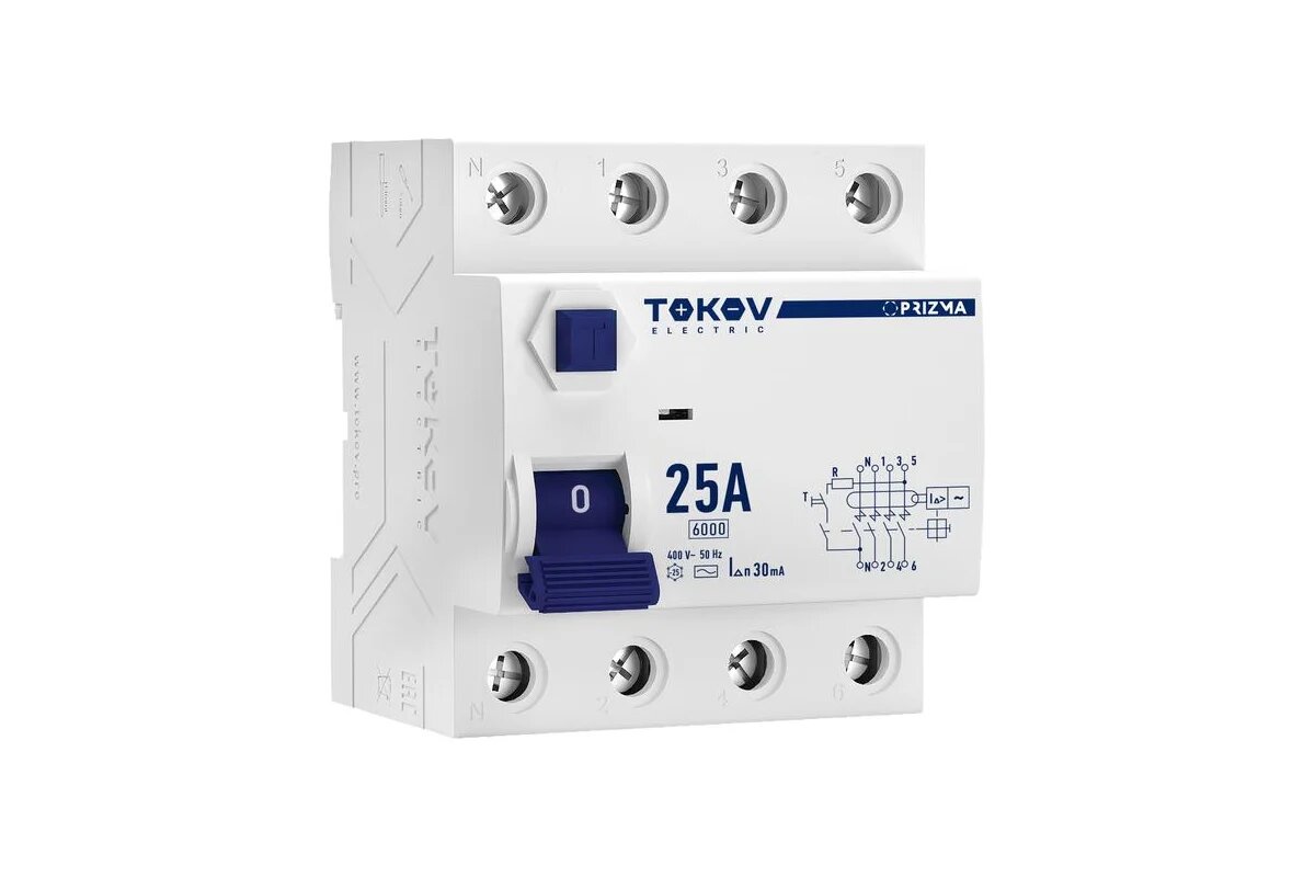 TOKOV ELECTRIC Выключатель дифференциального тока (УЗО) 4П (3P+N) 25А 30мА тип AC 6кА TKE-PZ60-RCDM-4-25-30-AC
