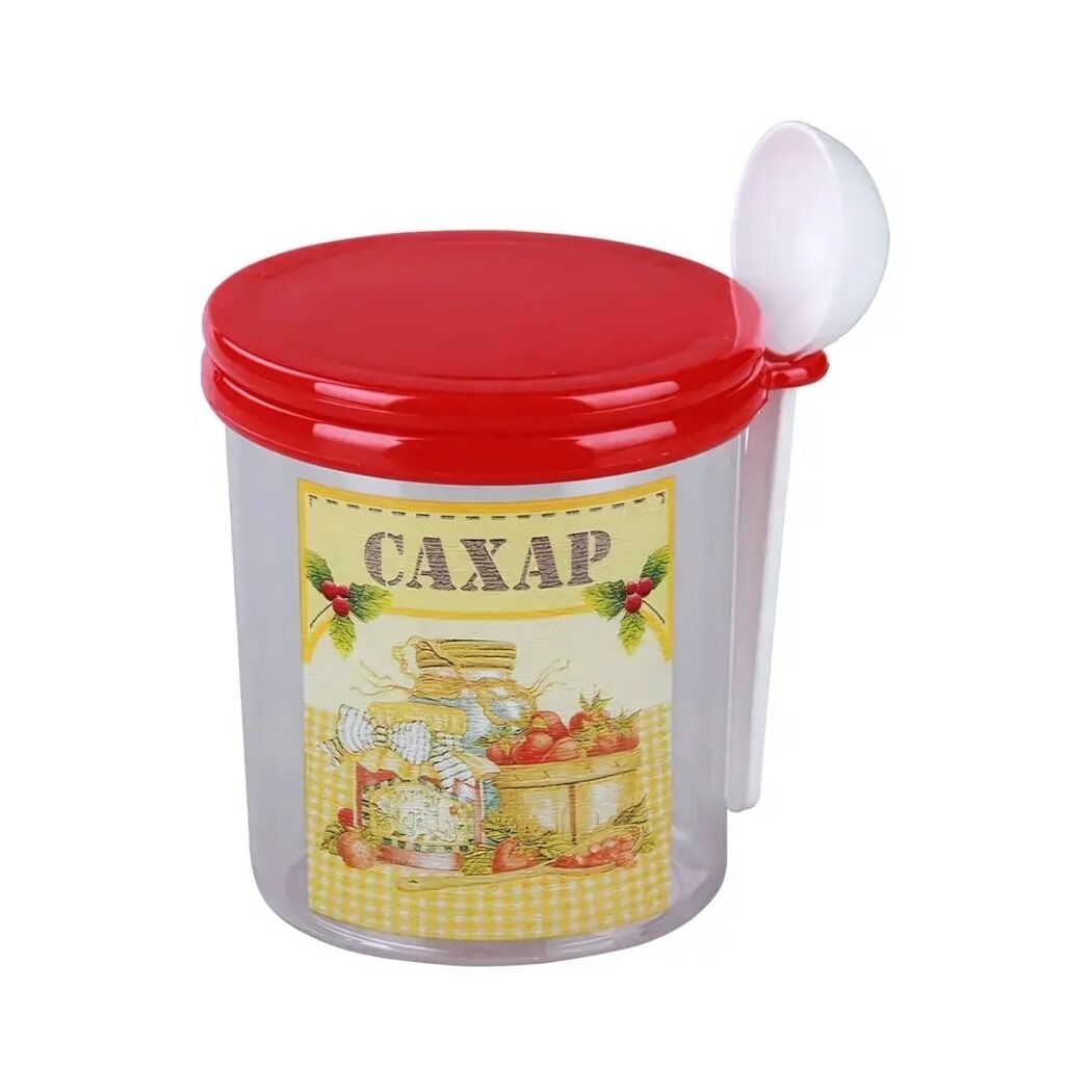Контейнер для сыпучих продуктов 07л с герметичной крышкой и ложкой прозрачный пластик красный цвет