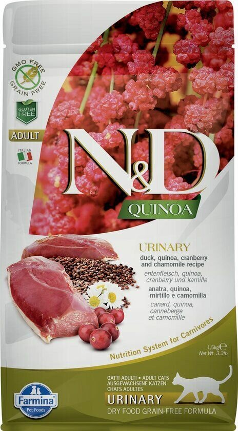Сухой беззерновой корм для взрослых кошек Farmina N&D Quinoa Urinary Duck Adult, профилактика мочекаменной болезни (МКБ), утка, киноа, клюква и ромашка 1,5кг
