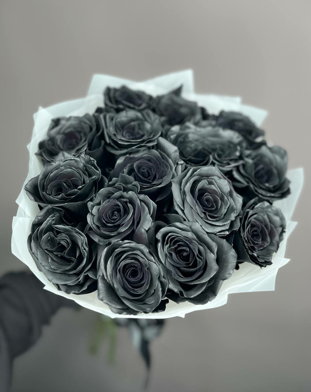 Черные Розы букет из 15 штук в белой упаковке с черной атласной лентой