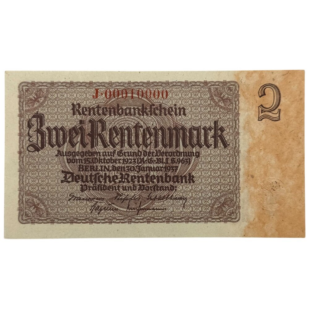 Германия, Третий Рейх 2 рентенмарки (2 марки) 1937 г. (8-значный серийный номер) (Серия J)