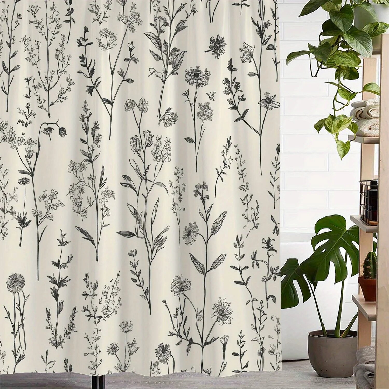 Vintage Botanical Floral Print Shower Curtain with Hooks - Elegant Polyester Fabric, Machine Washable, Natural Inspired Design