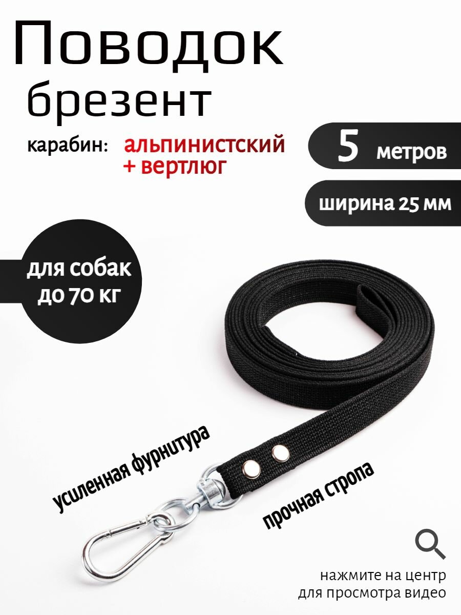 Поводок Хвостатыч для собак крупных пород брезент с вертлюгом и альпинистским карабином 5 м х 25 мм (черный)