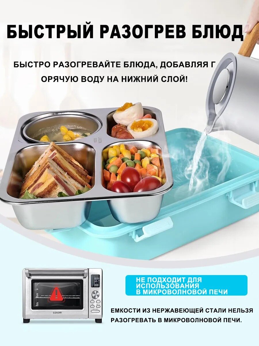 Синий ланч бокс 4 отделениями Подходит для использования в учебе, на работе и на пикниках ，Объем 1000 мл