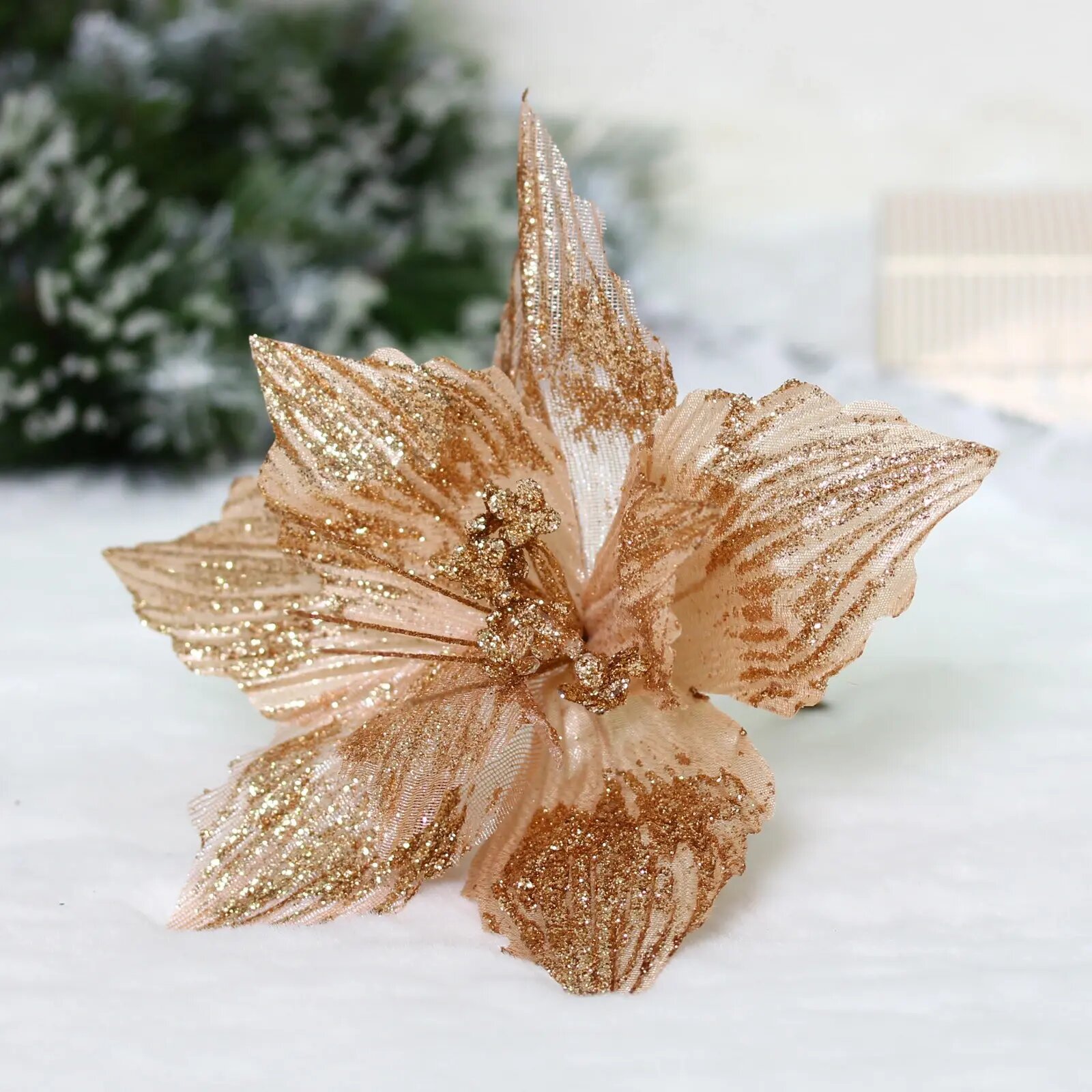 Украшение новогоднее «Пуансеттия - Зимняя нежность» 25 см Шампань текстиль