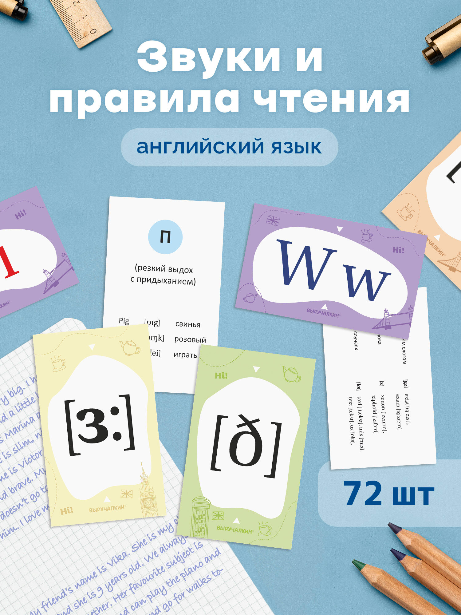 Карточки-сорбонки «Звуки английского языка правила чтения» 72 шт