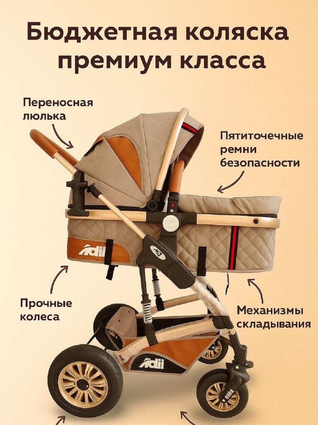 Детская коляска, премиум-дизайн, кожаные вставки, реверсивная ручка, надувные колеса