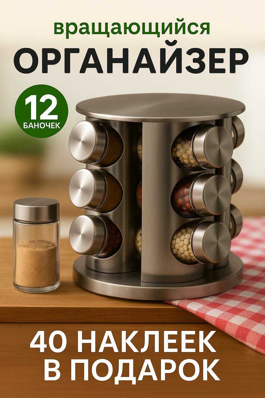 Органайзер для специй Набор для специй и приправ на вращающейся стойке металл стекло 12 банок