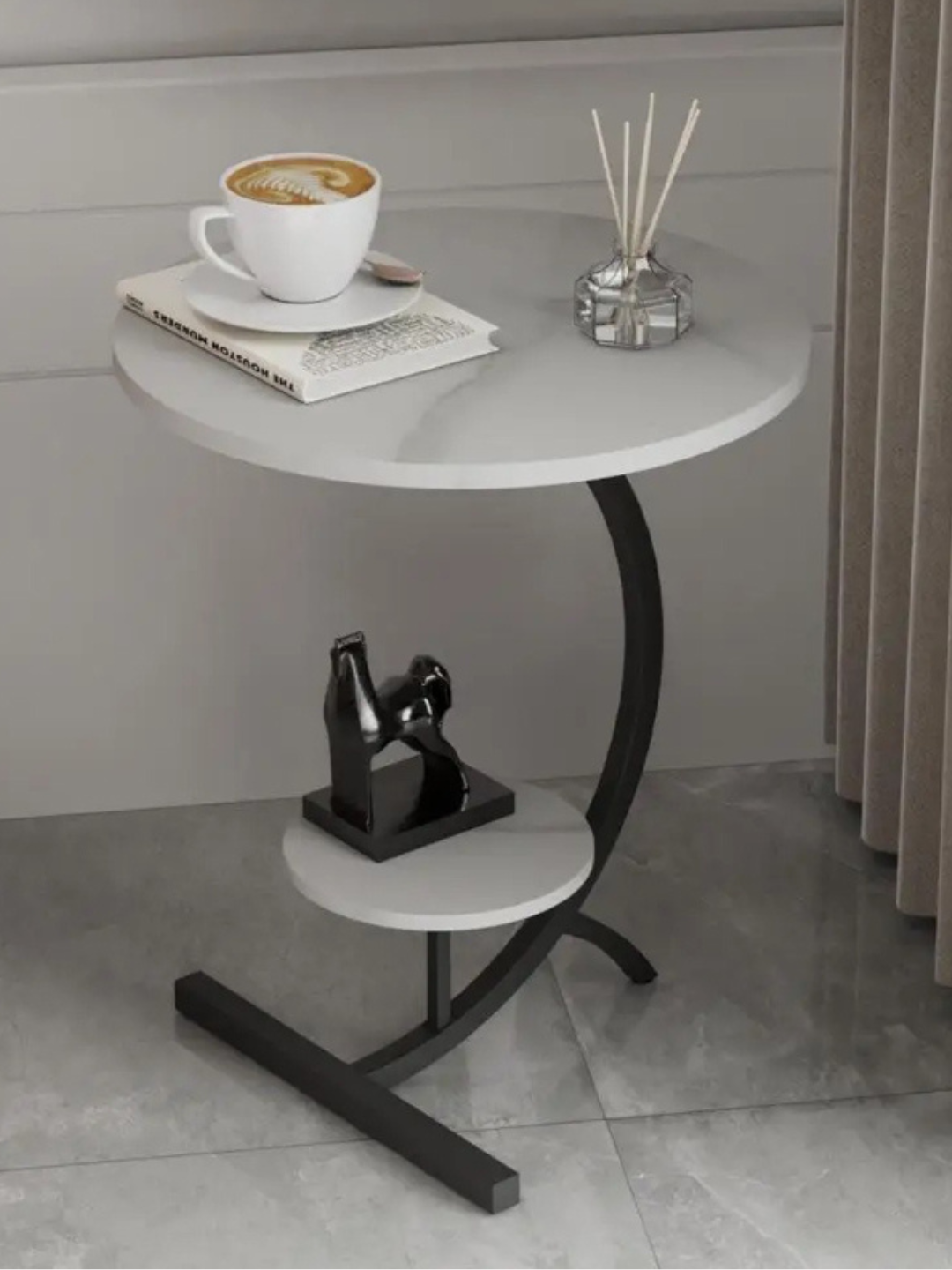 Современный круглый белый кофейный стол с двойным слоем и металлической опорой — 40×60 см