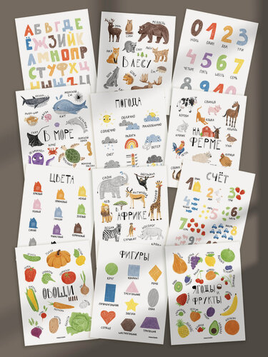 Изображение товара Развивающие детские постеры. Комплект 12 шт, 30х40 см, без рамок. Обучающие плакаты.