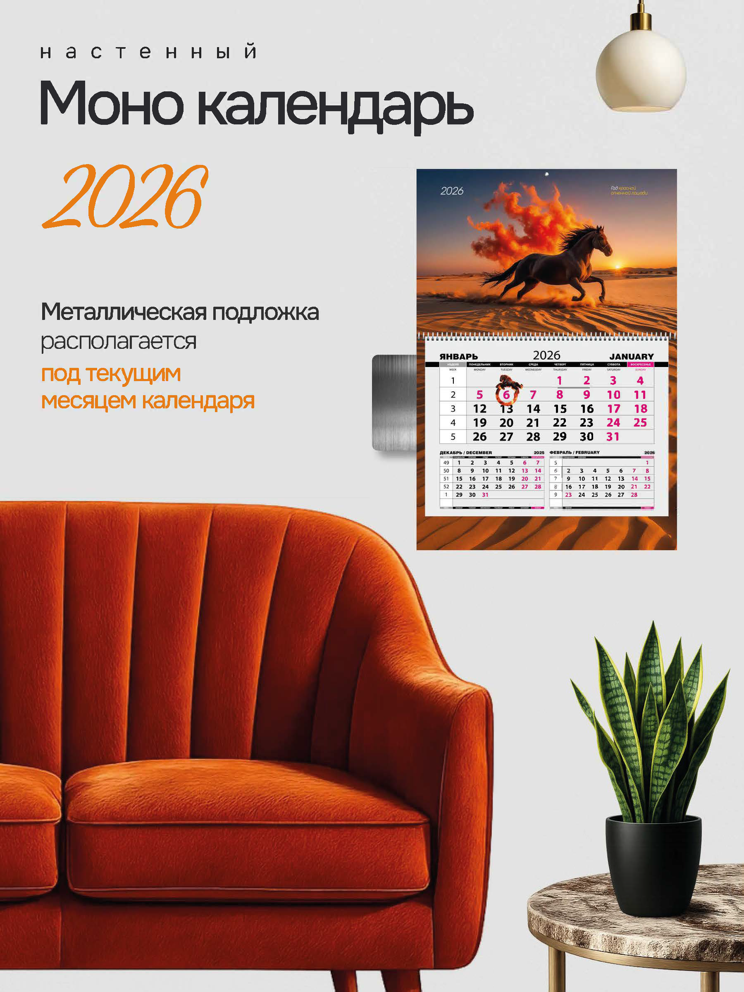 Календарь LEMOR "Лошадь в песке", настенный, отрывной, 2026 г, 32x50 см — фото 1