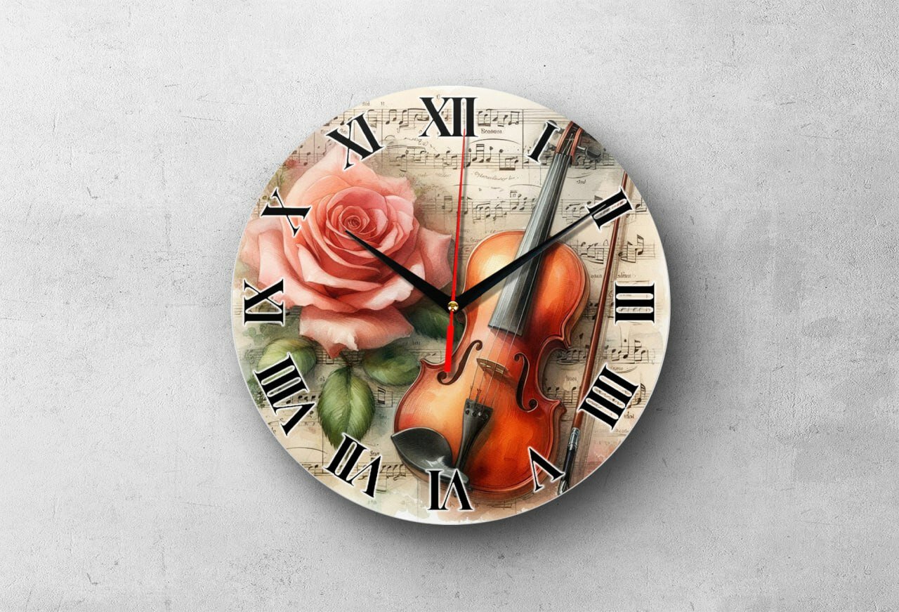 Подарочные настенные часы "Скрипка и Роза", круглые, плавный ход, кварцевый механизм, стекло, 20х20 см