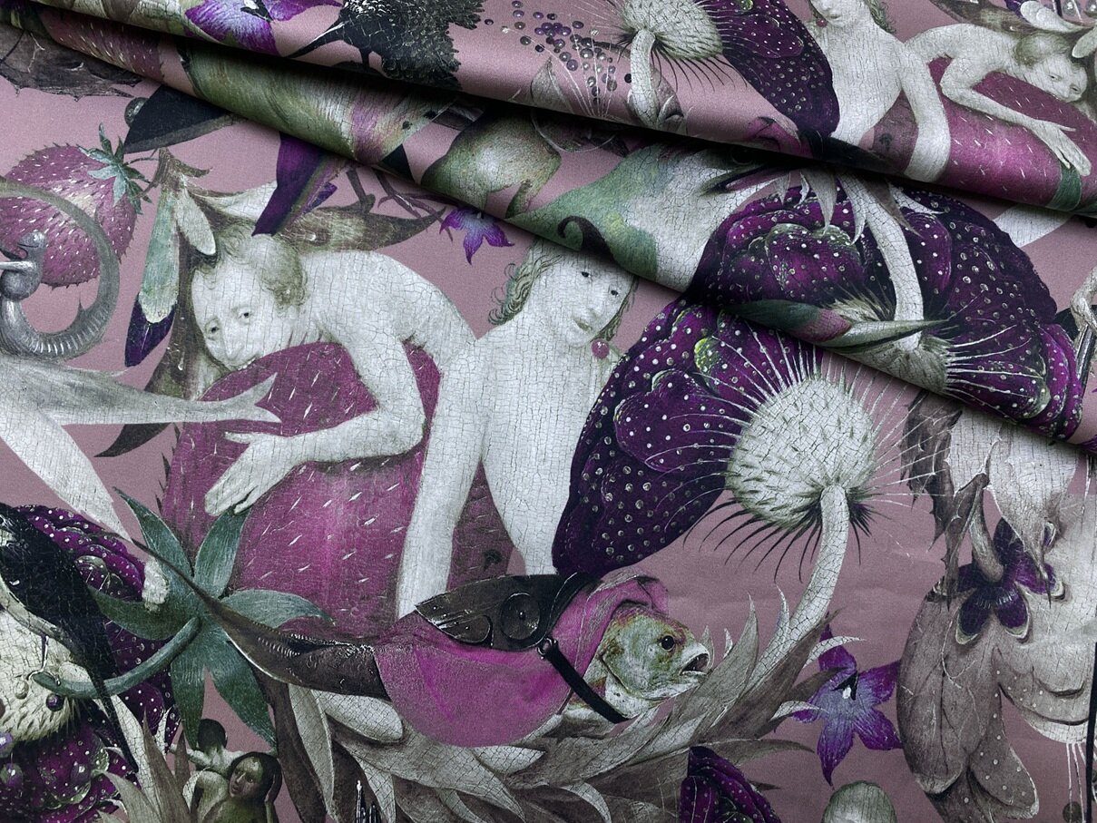 Ткань Хлопок мятного цвета с принтом люди  рыбы  птицы 16931