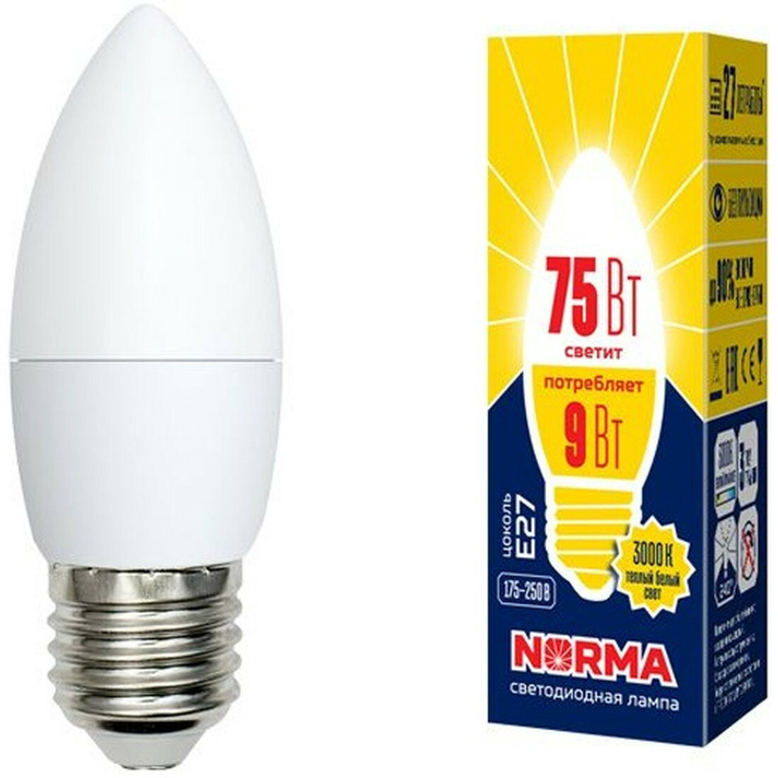 Лампа Volpe LED-C37-9W/WW/E27/FR/NR цоколь E27 мощность 9 Вт теплый свет