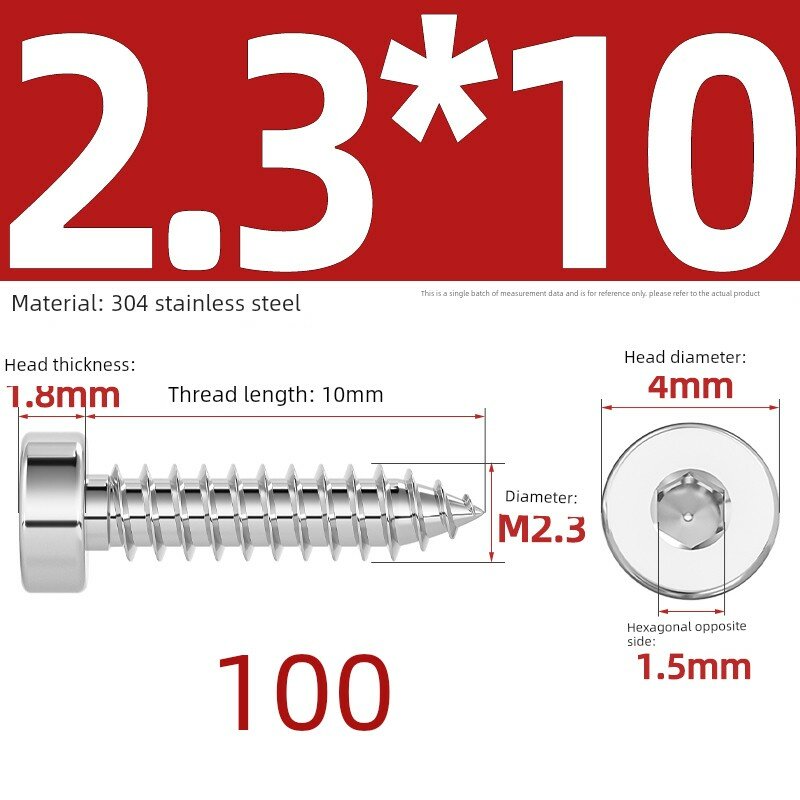M2.3 x 10 мм 304 Нержавеющая сталь Самонарезные винты с потайной головкой, 100 шт