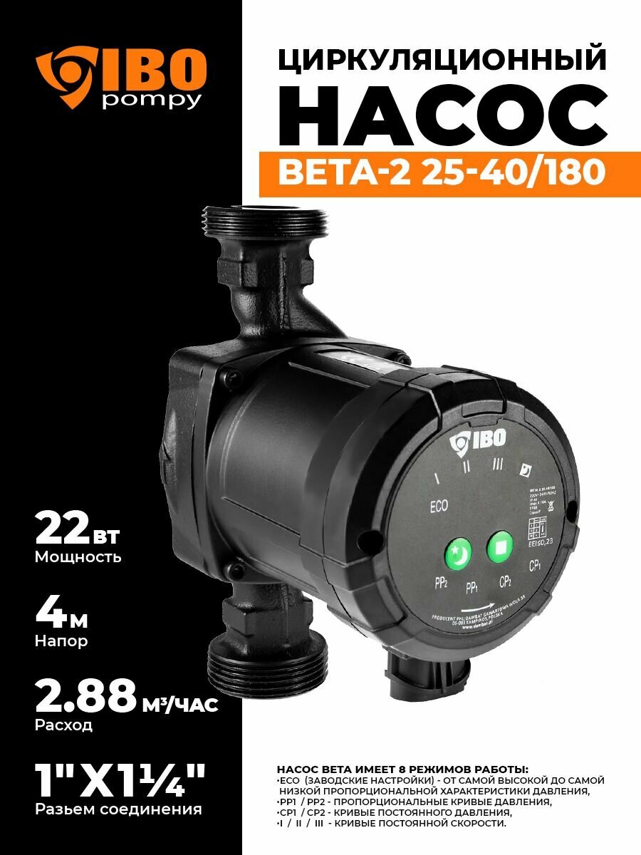 Насос циркуляционный для отопления IBO BETA-2 25-40/180 водяной электрический электронасос для горячей воды (22 Вт 45 м)