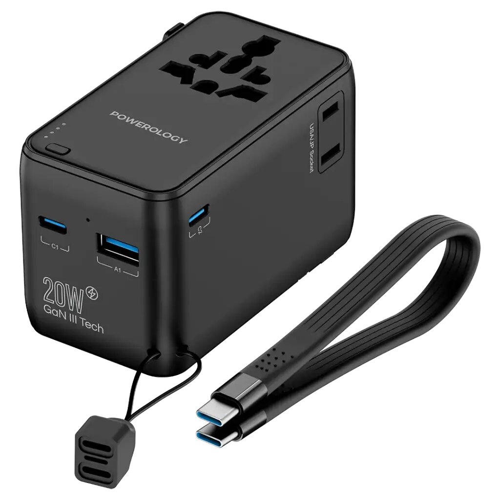 Универсальная зарядка Powerology Travel Adapter, мощность 2500 Вт, с разъёмами USB и Type-C c power bank 4000mah