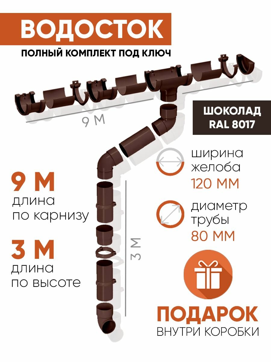 Водосточная система для крыши 9 м/3 м RAL 8017 цвет шоколад водосток комплект