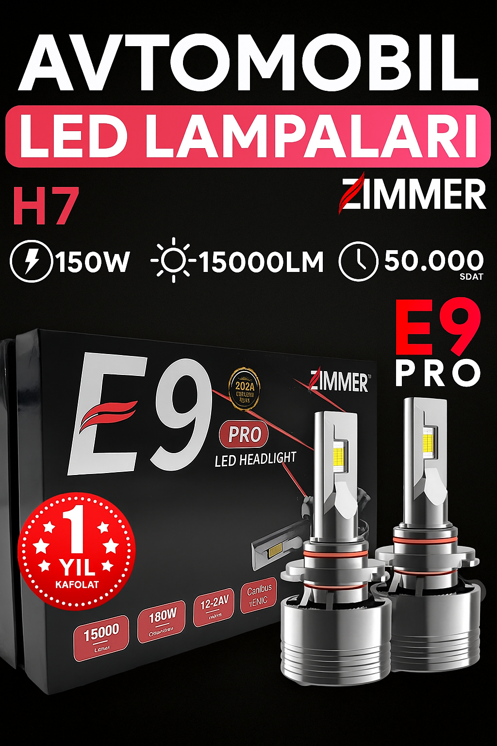 Лампы Zimmer E9 PRO, H7, LED, дальний/ближний свет, для передних фар