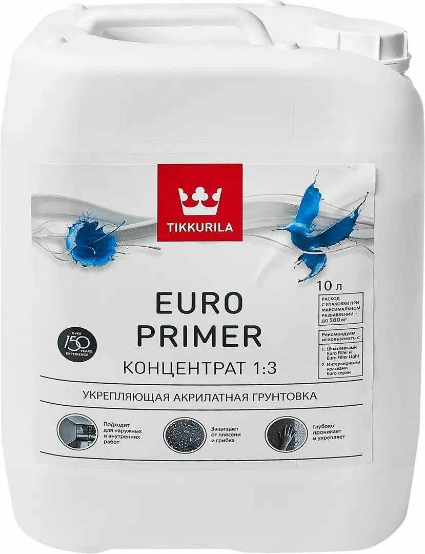 Грунт Tikkurila Euro Primer, концентрат, 10 л, для внутренних и фасадных работ, защищает от плесени и грибка
