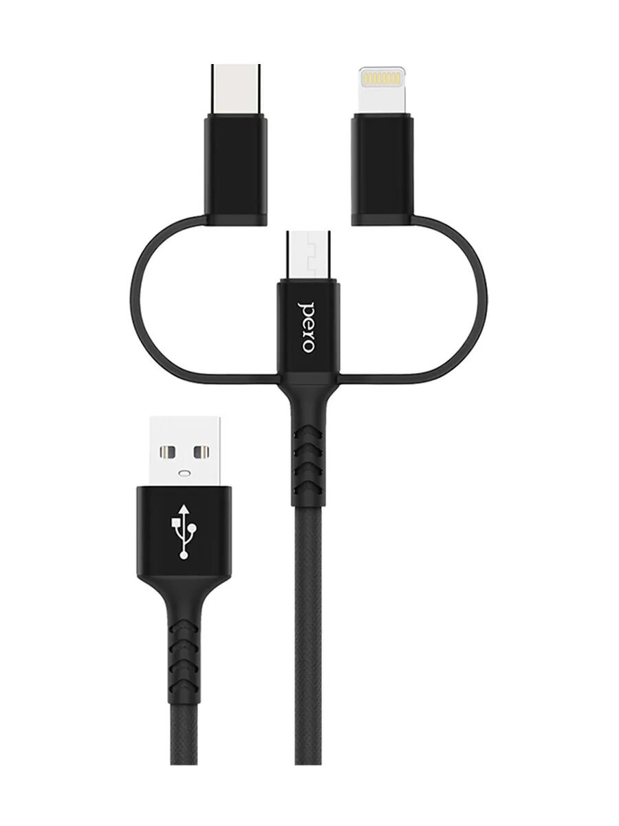 Кабель PERO Universal 3 in 1 USB to USB-C/Apple Lightning/microUSB черный
