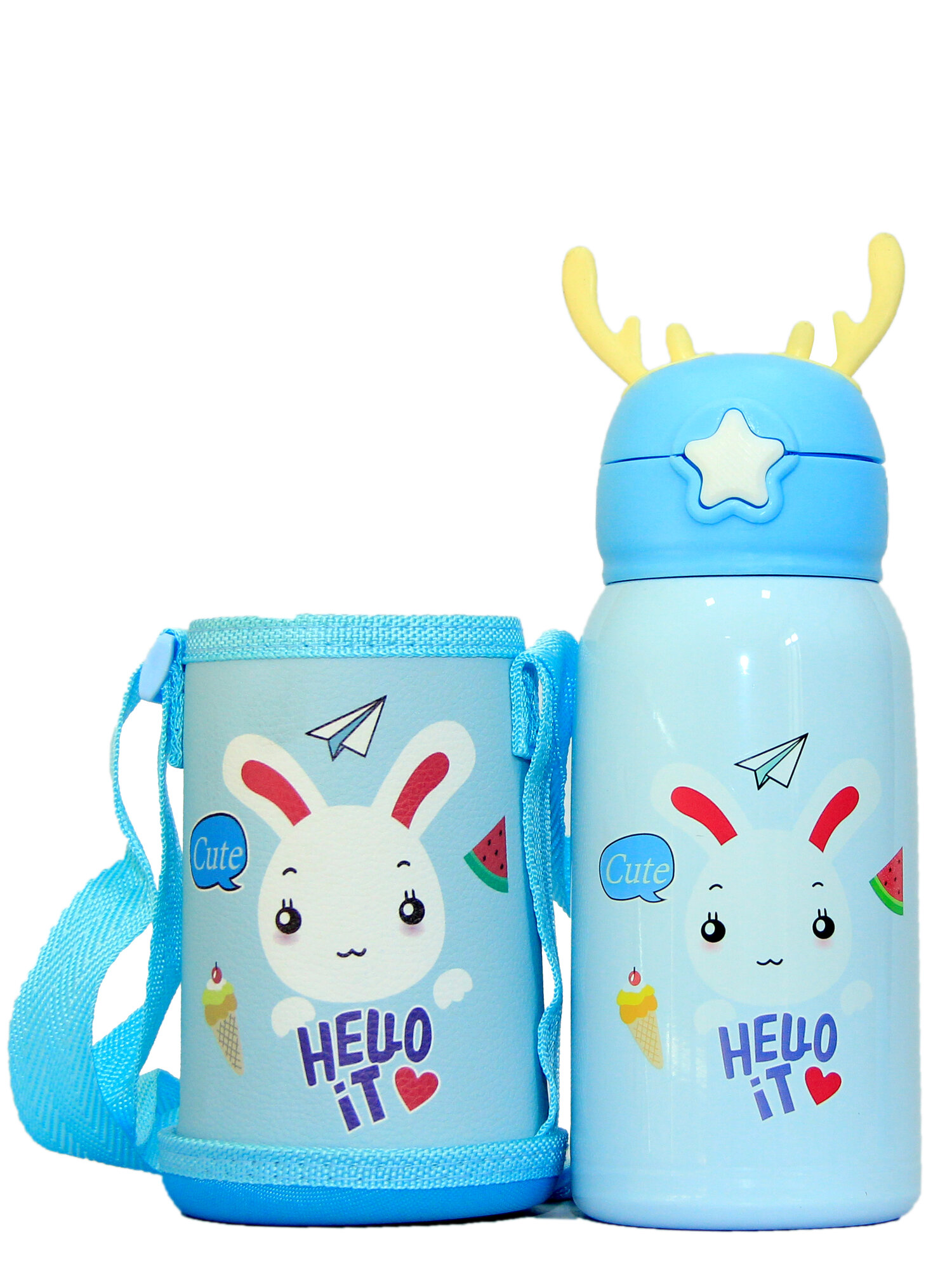 Термос для детей с чехлом и трубочка, дополнительно в комплоте есть чашка — фото 1