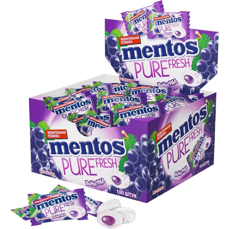 Жевательная резинка Mentos Pure Fresh вкус Виноград, 2гx100шт/уп
