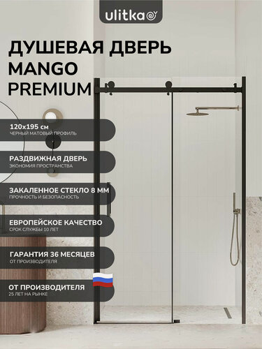 Изображение товара Душевая дверь в нишу 120х195 см. Ulitka Mango стекло прозрачное 8 мм, черный профиль