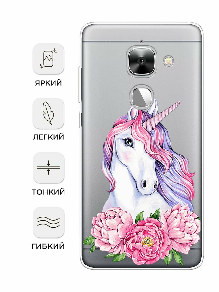 Чехол на LeEco Le 2/2 pro / Лееко Ле 2/2 про с принтом "Единорог с пионами", прозрачный — фото 1