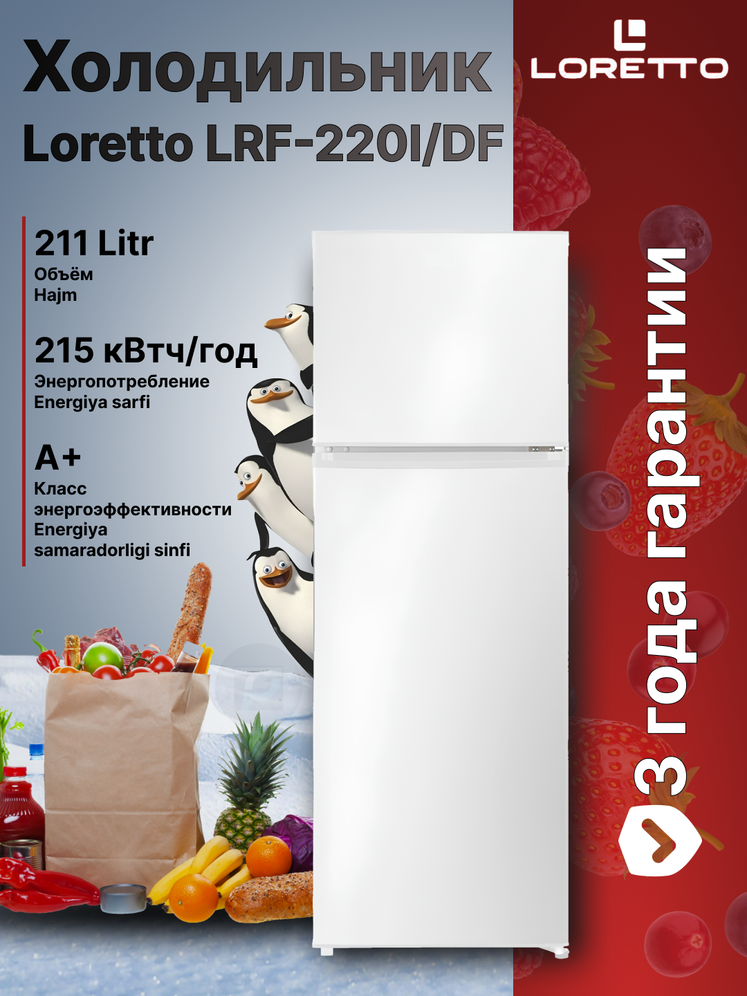 Двухкамерный холодильник Loretto LRF-220I/DF-W, white 211 литров, A+, 215 кВтч/год, Гарантия 3 года