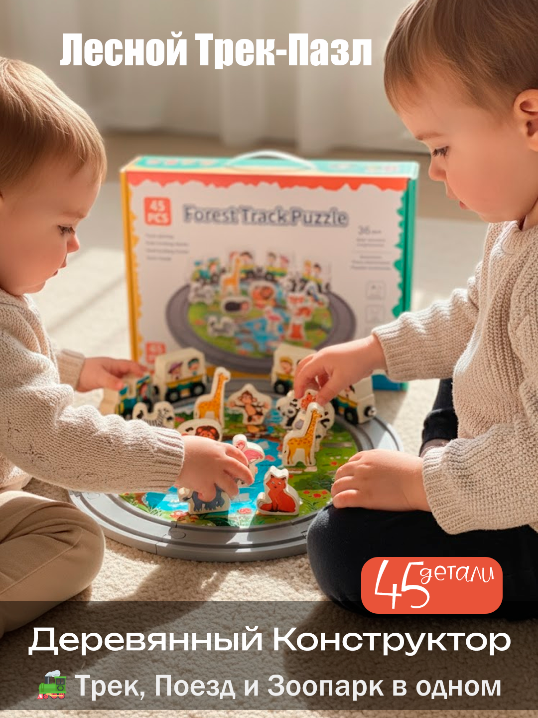 Поезд в Дикий Мир: Деревянный Конструктор "Лесной Трек-Пазл", 45 деталей