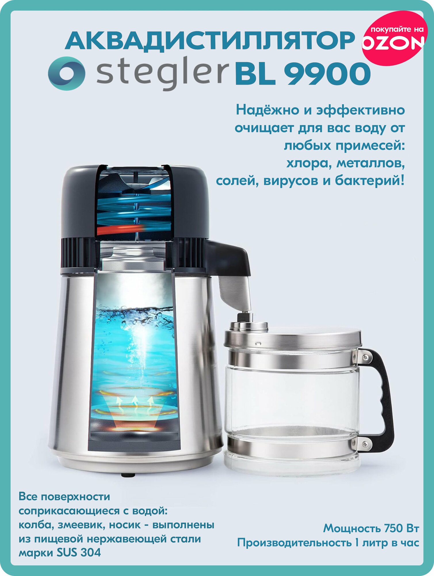 Аквадистиллятор (дистиллятор для воды) бытовой Stegler BL 9900 (стеклянный водосборник)
