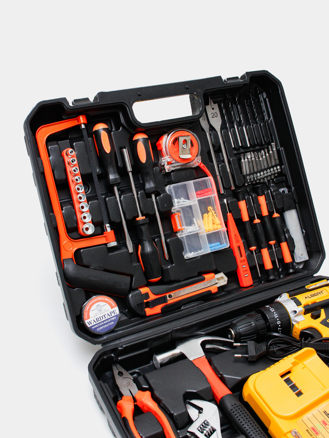 Шуруповерт аккумуляторный, 54 предмета, 2 АКБ, гибкий держатель бит — фото 1