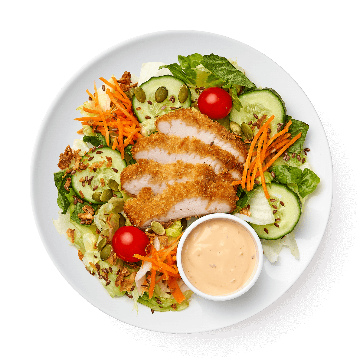 Салат с курицей, хрустящим луком и фирменным соусом «Из Лавки»