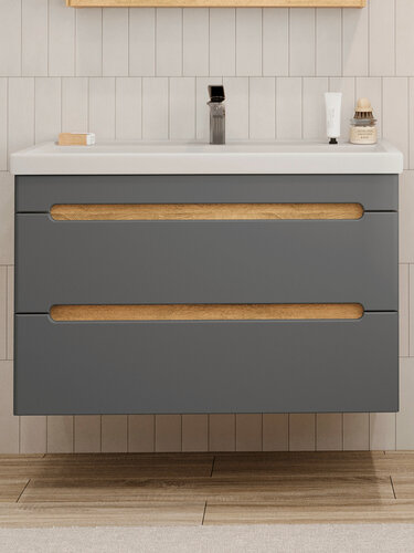 Изображение товара Тумба подвесная SanStar Diva 100 с раковиной Фостер 100 (комплект) для ванной комнаты, дуб вотан, графит софт