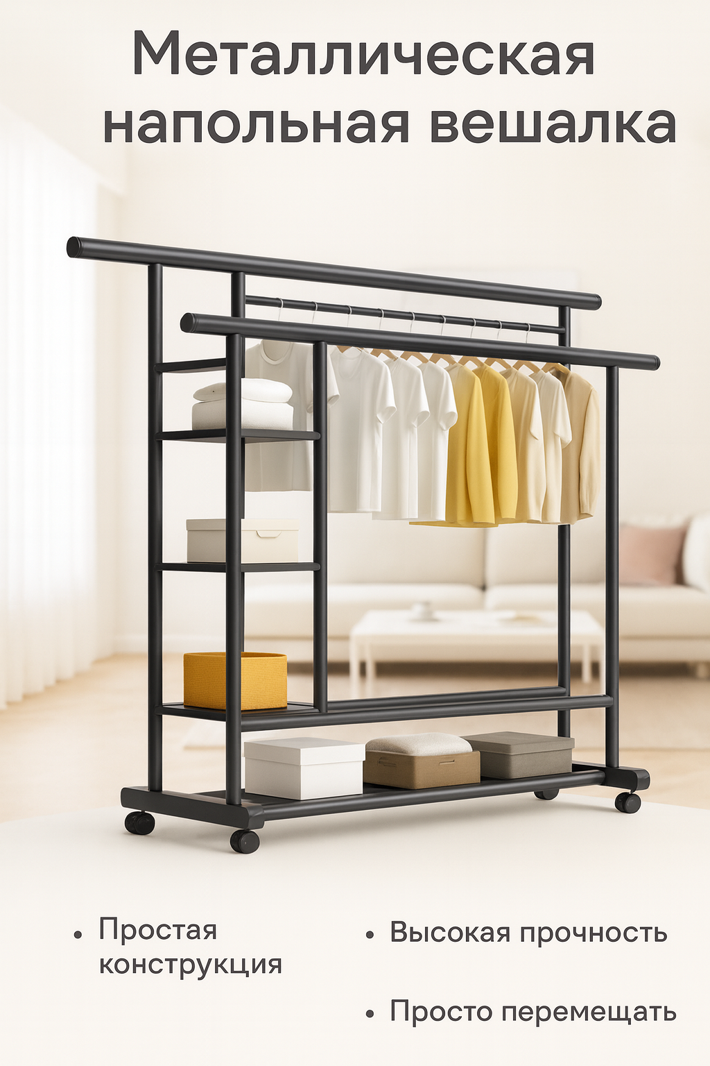 Вешалка напольная для одежды металлическая, чёрная, с полкой для обуви.