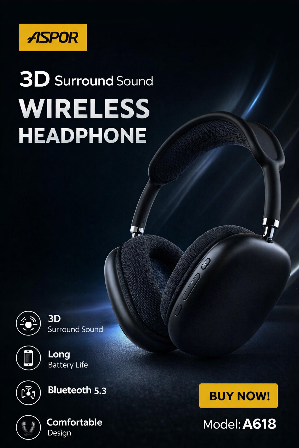 Беспроводные наушники (полноразмерные Bluetooth) Aspor A618 (черный)