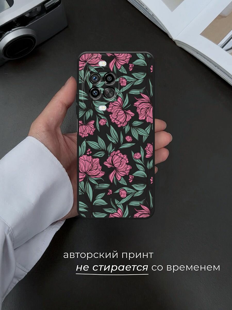 Черный матовый чехол на Huawei Nova 14 Pro / Хуавей Нова 14 Про с принтом Бутоны пионов и клематис — фото 1